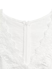 White lace-trimmed wide-leg romper with a zipper closure