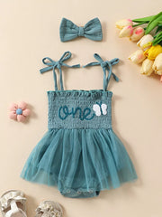 Sea blue smocked baby bodysuit with tulle skirt and matching headband, embroidered with "one".