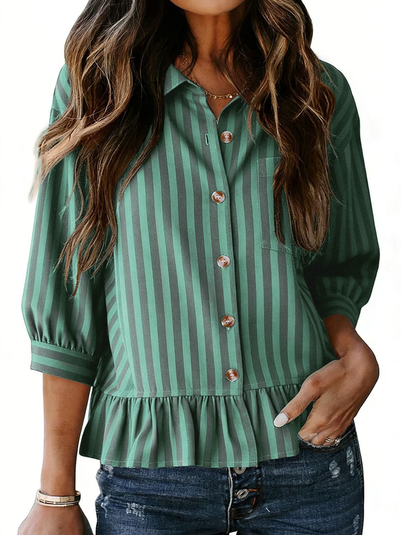 Green striped button-down shirt with 3/4 sleeves and ruffle hem