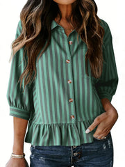 Green striped button-down shirt with 3/4 sleeves and ruffle hem