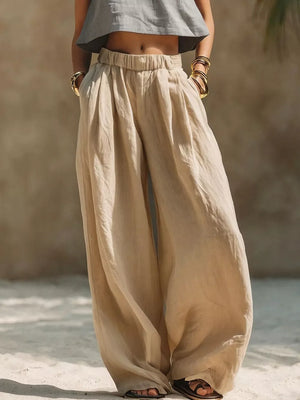 Full Size Elastic Waistband Wide Leg Pants in Beige, editorial view