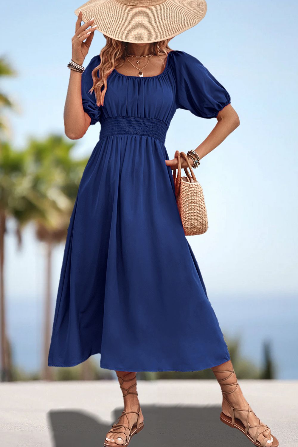 Dark blue off-shoulder puff sleeve empire midi dress with smocked waist