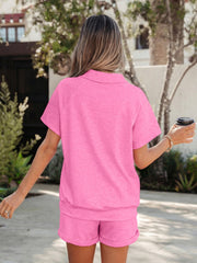 Pink cotton drawstring shorts and collared short sleeve top set
