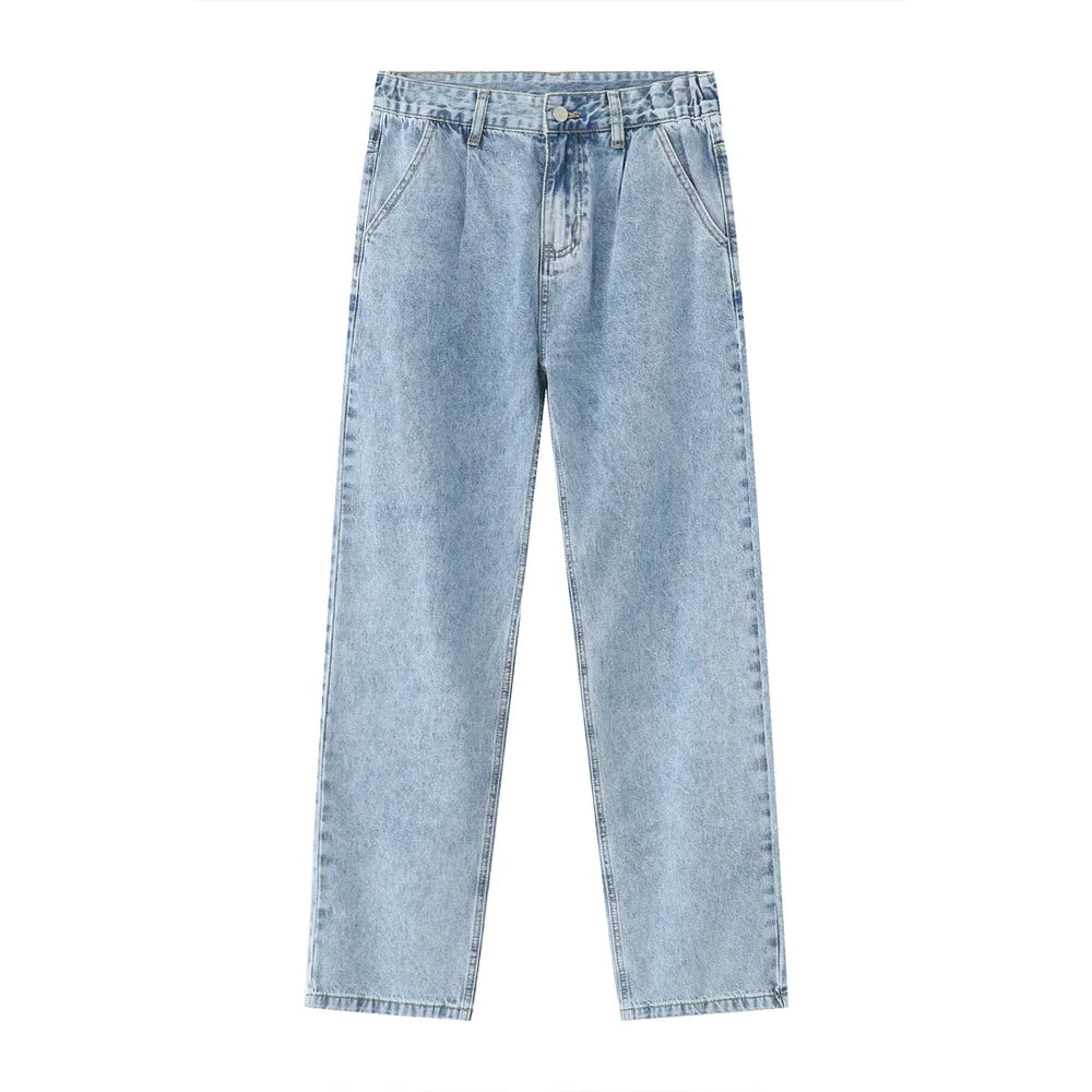 Pleated denim wide-leg trousers in medium wash, featuring a relaxed fit and casual style.