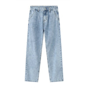 Pleated denim wide-leg trousers in medium wash, featuring a relaxed fit and casual style.