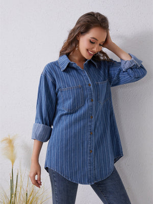 Medium vertical stripe denim overshirt with pockets and button front.