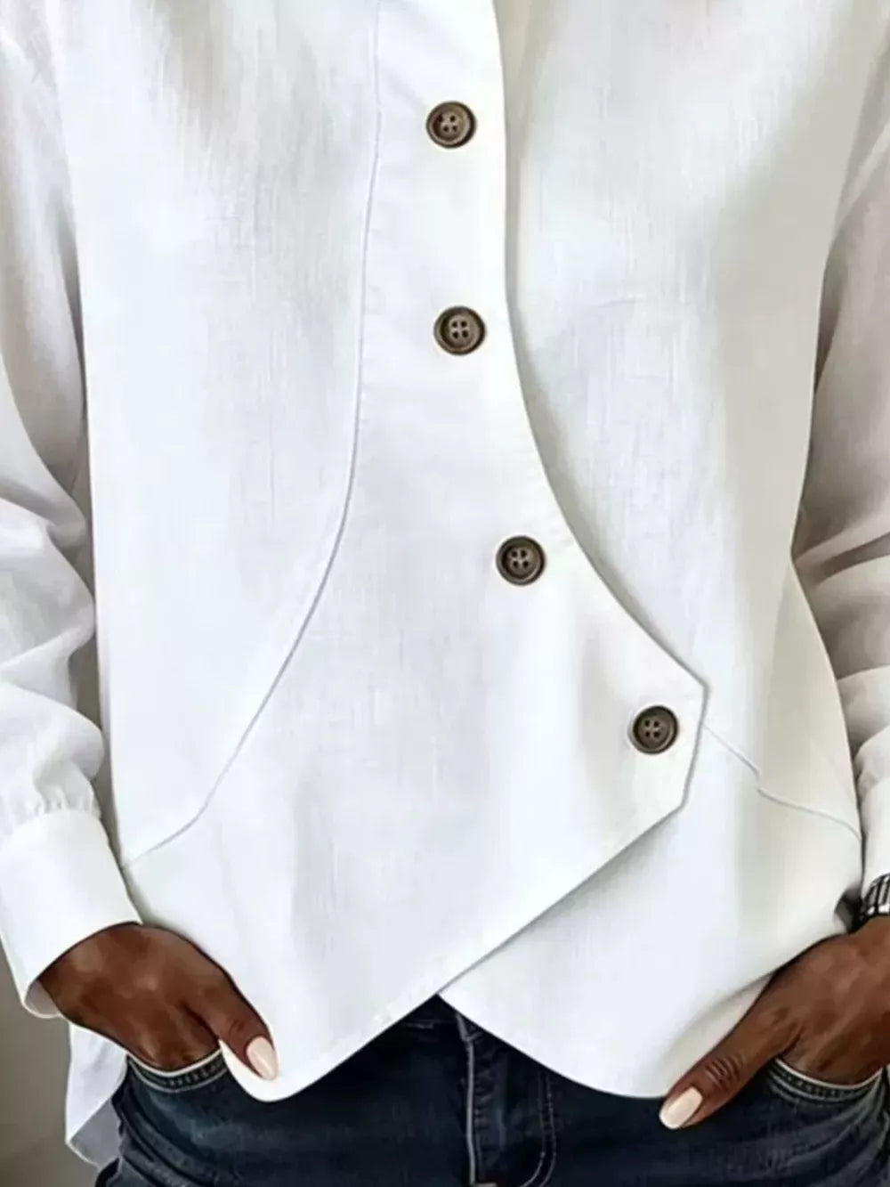 Full Size Asymmetrical Button Down Shirt in White, close-up detail