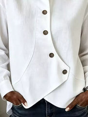 Full Size Asymmetrical Button Down Shirt in White, close-up detail