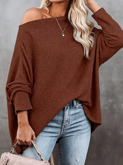 One-shoulder Waffle Knit Top in Brown, close-up detail