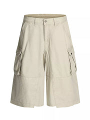 Men's utility cargo shorts in apricot with multiple pockets and a relaxed fit.
