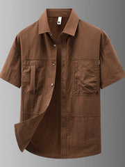 Lightweight casual button-up shirt in coffee with short sleeves and chest pockets.