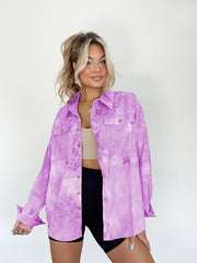 Cloud Wash Overshirt in Heliotrope Purple with patch pockets and button front.