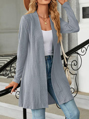 Textured knit longline cardigan in gray with open front and long sleeves.