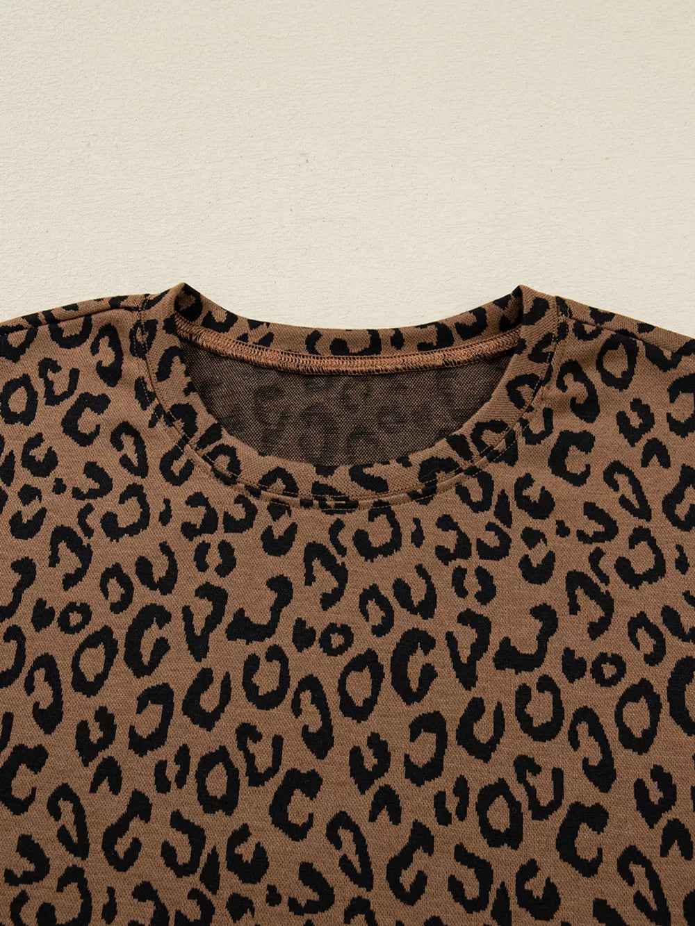 Brown leopard print long sleeve loungewear set with crew neck