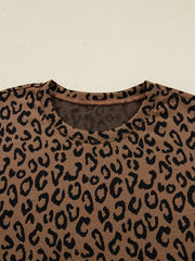 Brown leopard print long sleeve loungewear set with crew neck