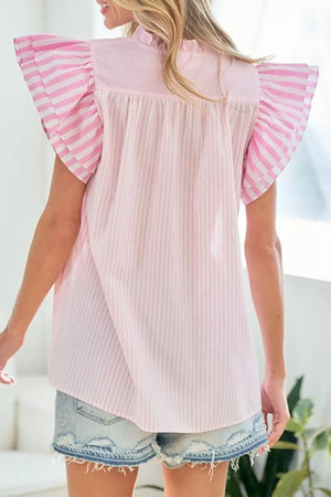 Pink and white striped polyester blouse with ruffled flutter sleeves and a ruffled neckline.