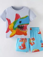 Boys' cotton blend t-shirt and shorts set with vibrant shark and seahorse prints.