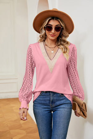 Pink lace sleeve knit v-neck blouse with textured neckline detail