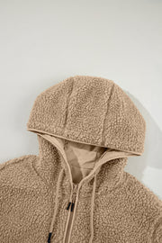 Sherpa lined hooded jacket in khaki with contrast lining and drawstring hood.