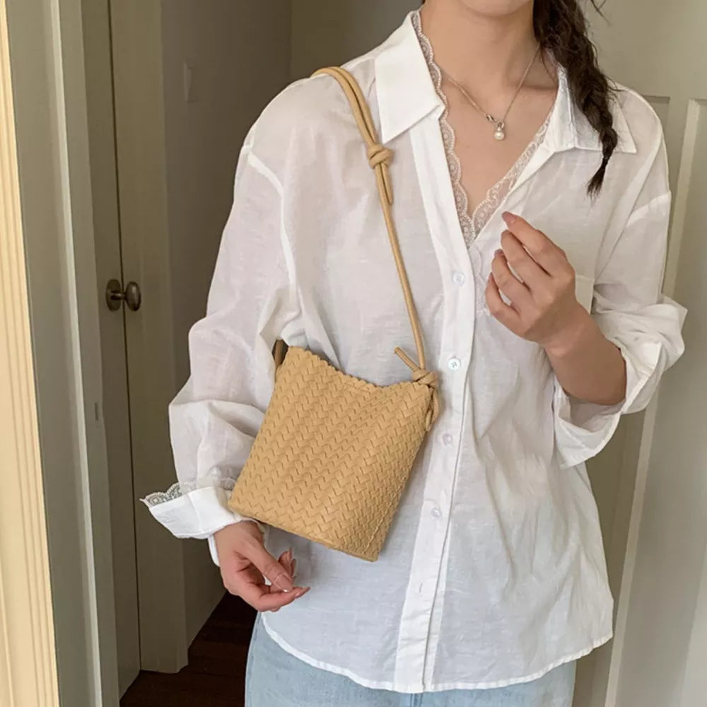 Woven Straw Crossbody Bag in Yellow, front view