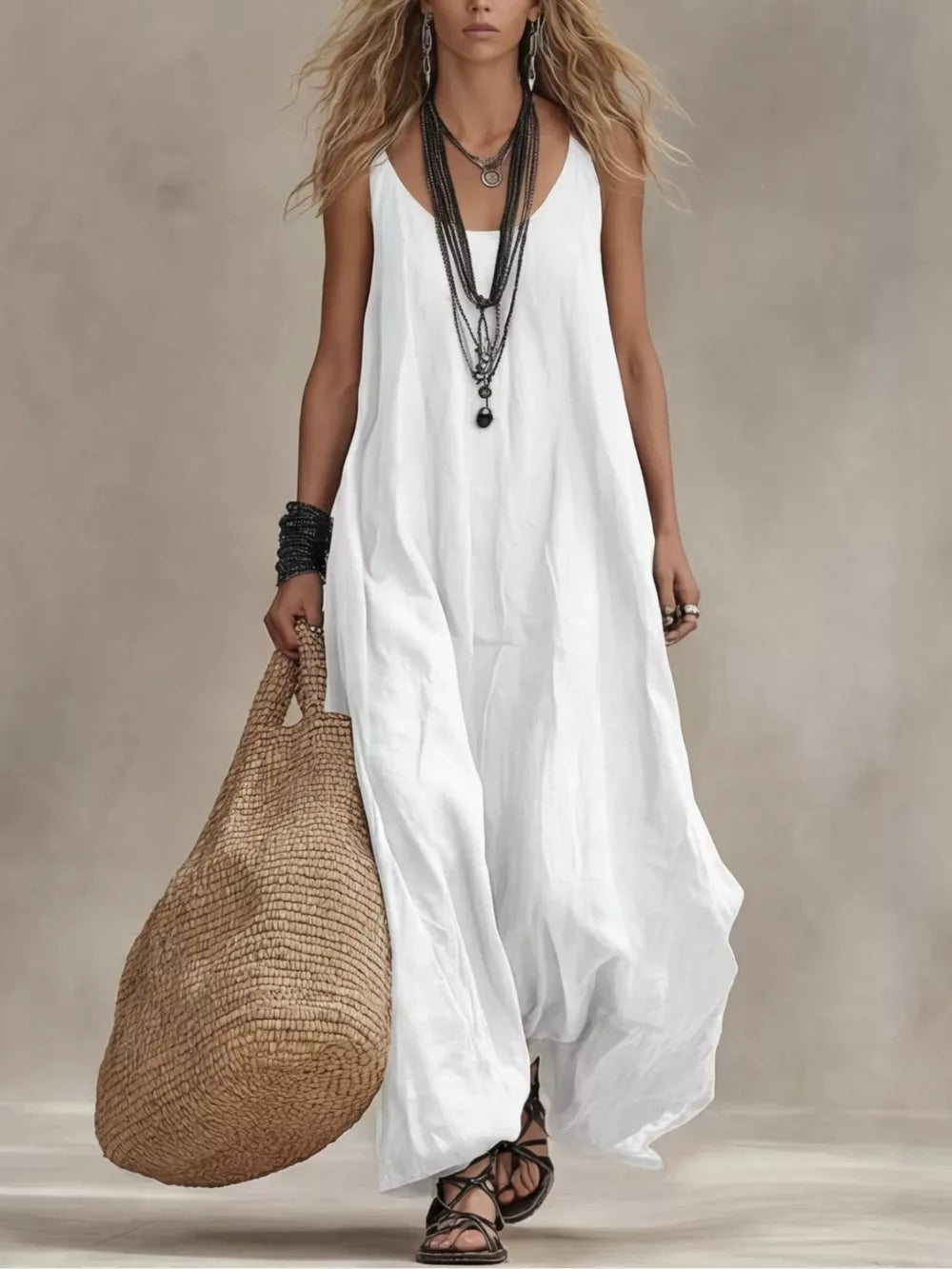 White scoop neck maxi dress with a flowy silhouette and spaghetti straps.