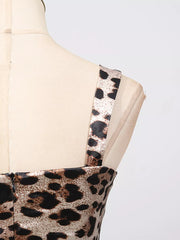 Chic leopard print bodycon midi dress with square neckline and thin straps.
