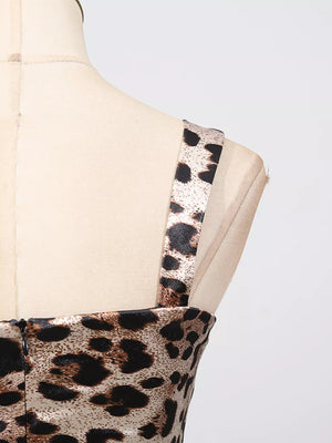 Chic leopard print bodycon midi dress with square neckline and thin straps.
