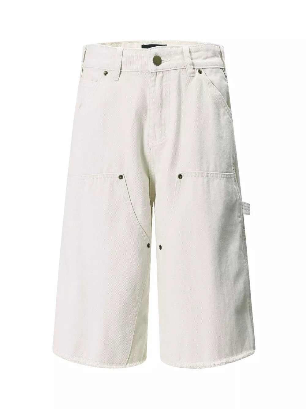 Relaxed fit utility capris in apricot with multiple pockets and a raw hem.