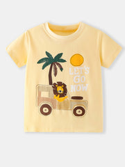 Yellow cotton t-shirt with lion in jeep graphic and Let's Go Now text.