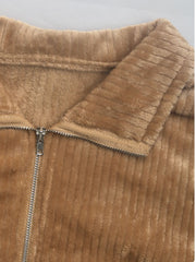 Camel plush corduroy zip-up jacket with fuzzy lining and collared neckline.