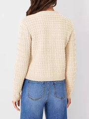 Textured knit button-up cardigan in tan, acrylic, with a crew neck and long sleeves.