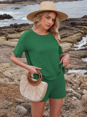 Green textured knit co-ord set with relaxed fit t-shirt and shorts.