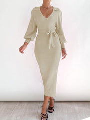 Cream ribbed knit midi dress with collar, V-neck, long balloon sleeves, and tie waist.
