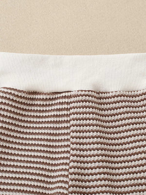 Baby knit set with brown and white stripes and a white ribbed waistband.