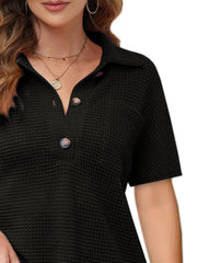 Black waffle knit polo shirt with button detail and collar
