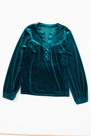 Deep Teal velvet henley blouse with gathered yoke and button placket