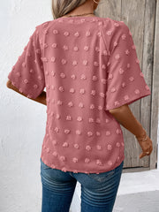 Dusty Pink Swiss Dot Dream Blouse with short sleeves and textured dots