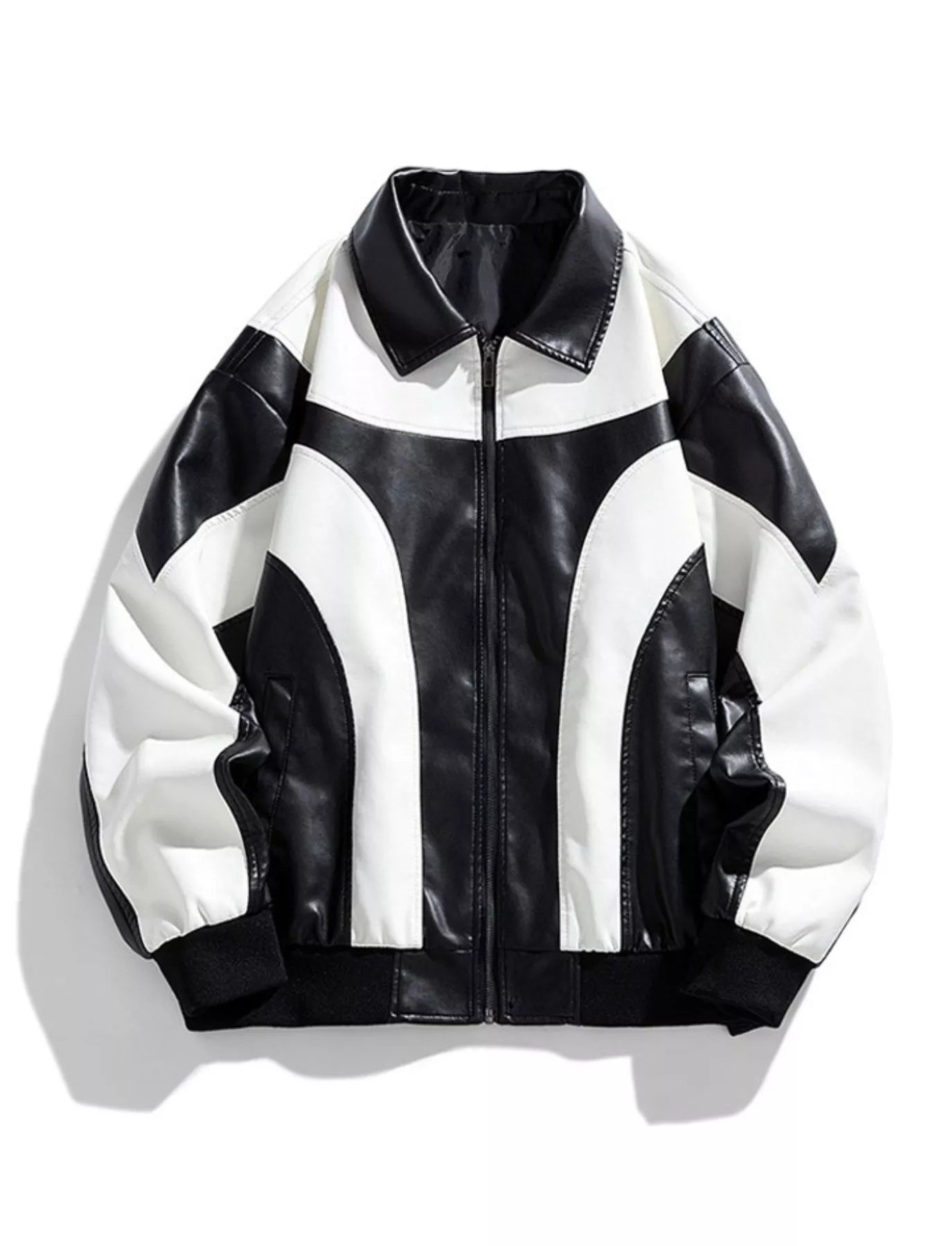 Retro faux leather bomber jacket in black and white with a colorblock design and ribbed cuffs.