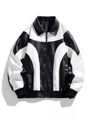 Retro faux leather bomber jacket in black and white with a colorblock design and ribbed cuffs.