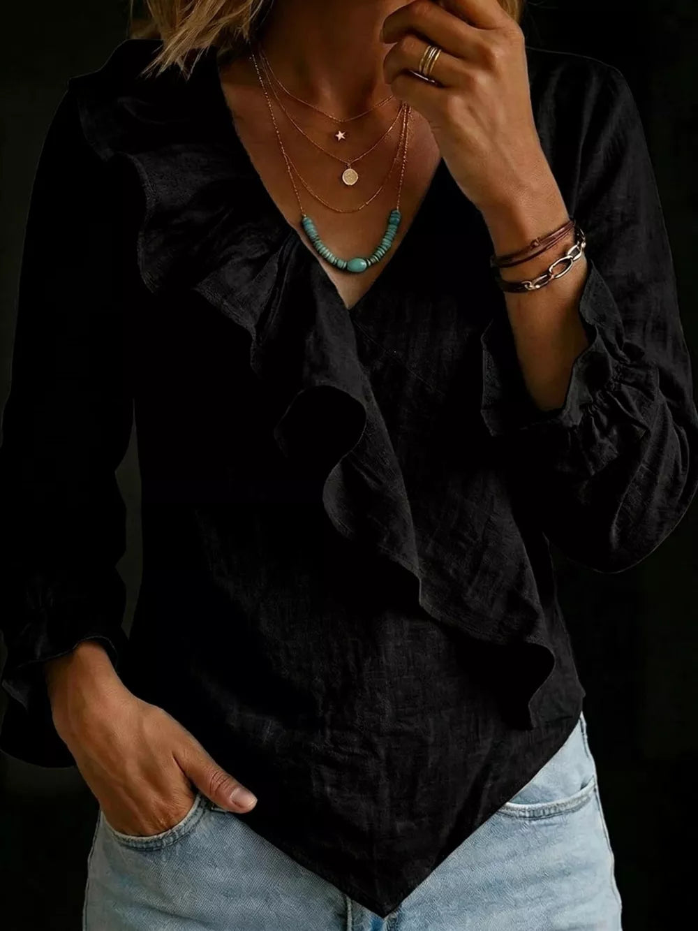 Full Size Ruffled Long Sleeve Blouse, close-up detail