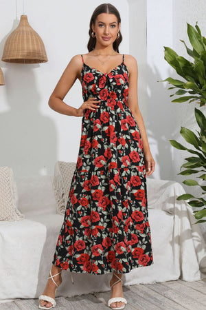 Floral print maxi dress with tiered skirt and spaghetti straps.