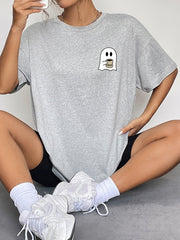 Grey graphic t-shirt with a coffee ghost design on the left chest.