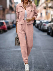 Quilted co-ord set in watermelon pink, featuring a cropped jacket with button closure and joggers with elasticated waist and