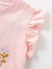 Pink cotton baby dress with embroidered flowers and ruffle cap sleeves.