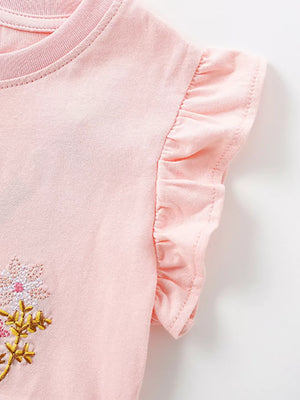 Pink cotton baby dress with embroidered flowers and ruffle cap sleeves.