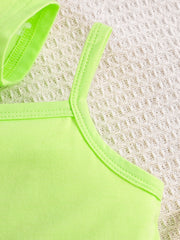 Light Green toddler crop top with spaghetti straps, cotton blend fabric.