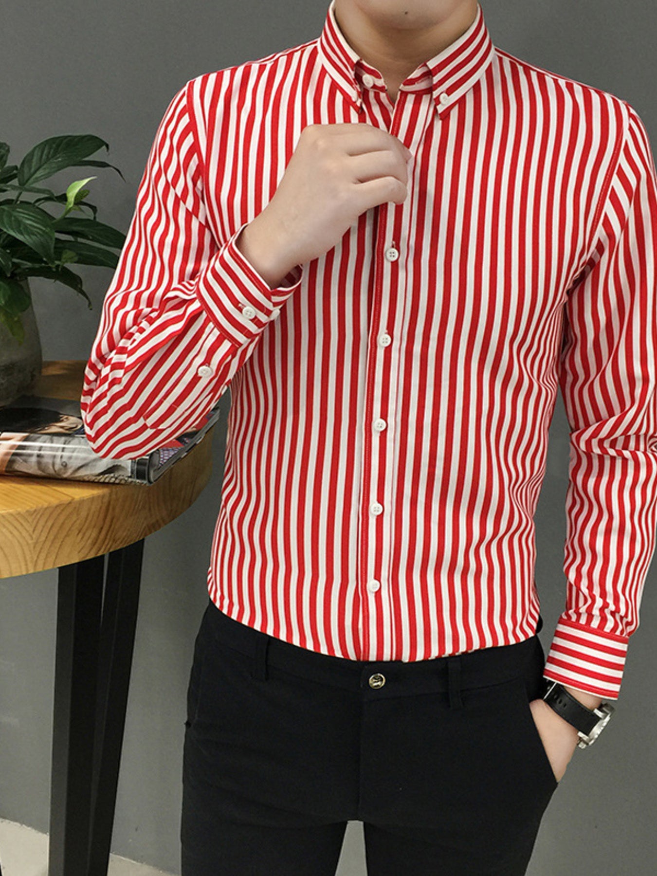 Men's red and white striped button-up shirt, cotton, casual long sleeve.