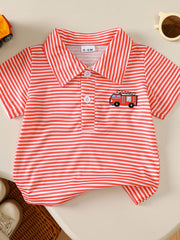 Red and white striped baby polo shirt with embroidered firetruck detail.