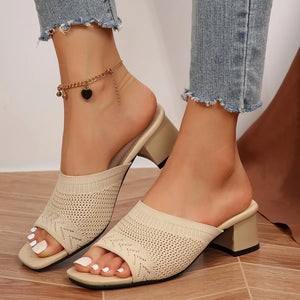 Knit block heel mules in Khaki with open toe and square toe.