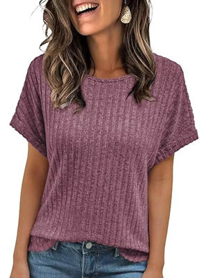 Purple red ribbed knit t-shirt with short sleeves and a crew neck.